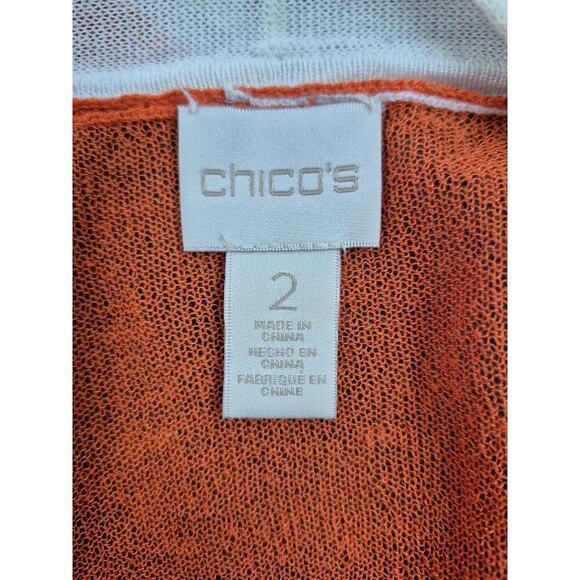 Chico's 2 Viscose Blend Light Long Open Cardigan Orange/White L/XL Color Block - Picture 5 of 6
